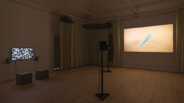 Gallery 1, installation view. Left: OS by Piscine (Jens Settergren, Mark Tholander & Anna Ørberg). Right: ALVA II by Sophia Ioannou Gjerding & Xenia Xamanek. Photo: Mikkel Kaldal.