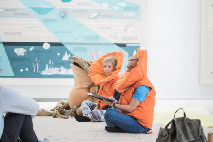 Ingela Ihrman, Evelina Hartwig and Lise Haurum, The frog and the sun go down into the sea (2017), performance in Kunsthal Aarhus. Photo: Malte Riis.